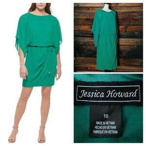 Jessica Howard Blouson Dress Size 10 Green Faux Wrap Kimono Sleeve Tie Waist